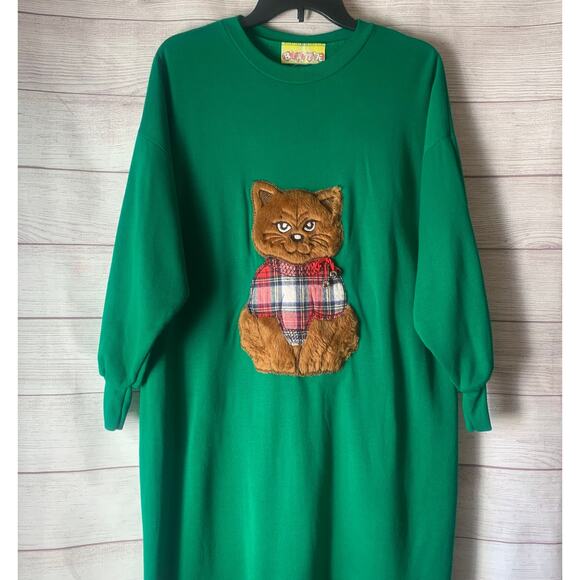 Vintage Beanzie Green Cat Nightgown Shirt Dress 1990s Fuzzy Cat Applique Bell - Picture 2 of 15